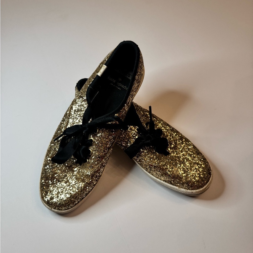 Kate Spade x Keds Gold Glitter Sneakers Womens Size 7 Ribbon Lace Sparkle Shoes